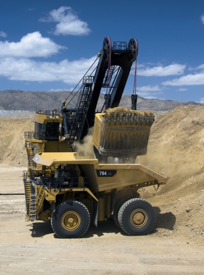 Cat 794 AC truck being loaded by Cat 7495 shovel