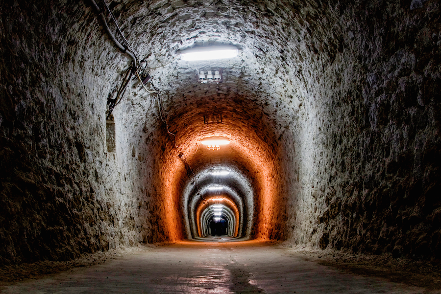 Lights in mine tunnel