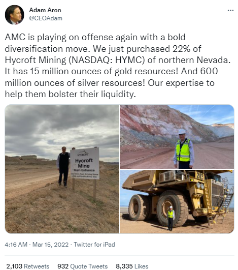 AMC buys stake in gold and silver mine in Nevada.