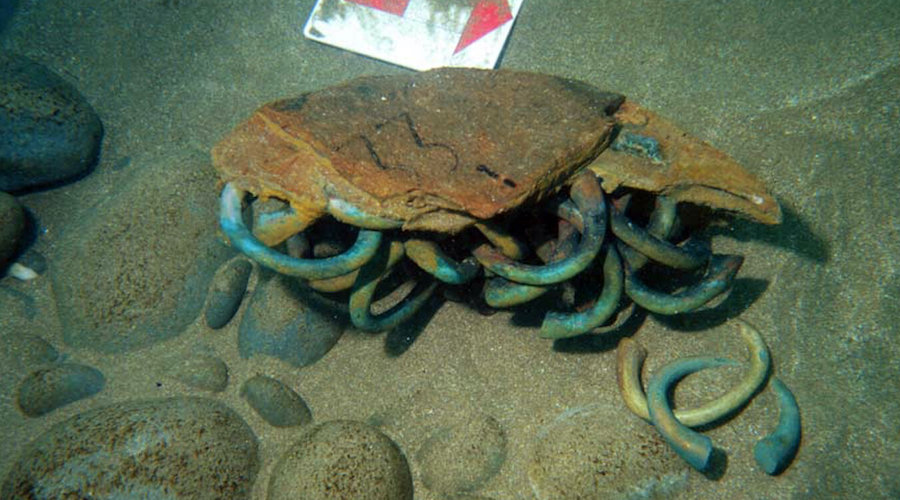 Some of the 313 manillas excavated by the Sociedad de Ciencias Aranzadi from a Flemish trader lost in 1524 off Getaria in Basque Country, northern Spain.