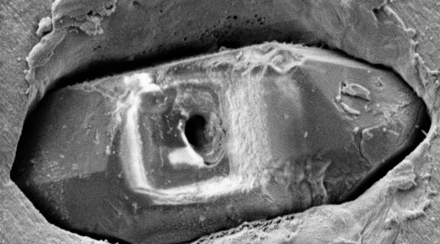 Opened graphite inclusion in zircon after ion bombardment