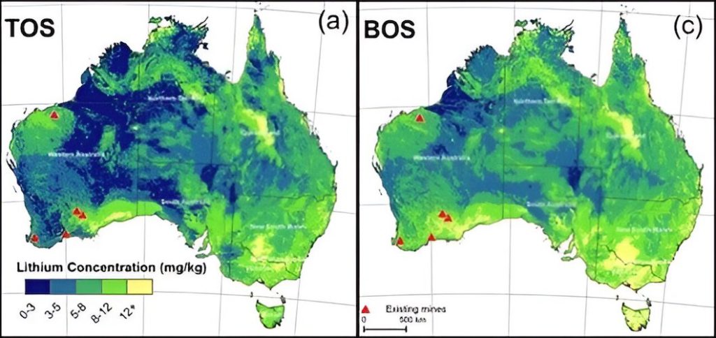 Map showing predicted lithium concentrations in upper sediment (TOS) 0–10 cm and lower sediment (BOS) 60–80 cm.